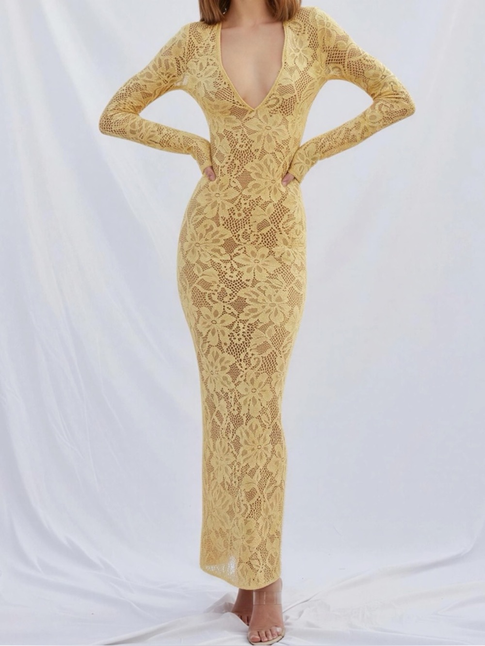House of CB Indiana Yellow Lace Long Sleeve Maxi Dress